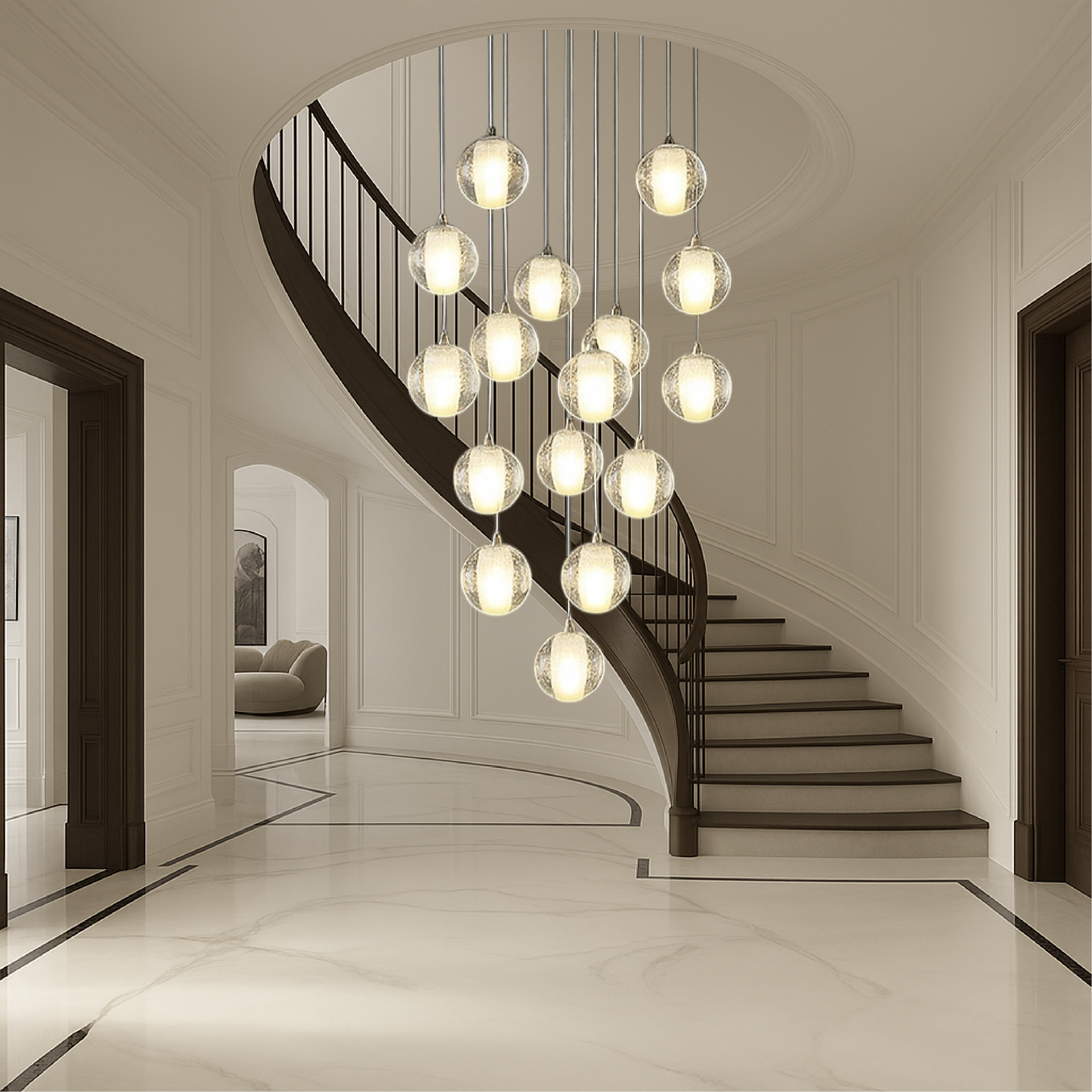 Lampadario a forma di scala con sfere di cristallo