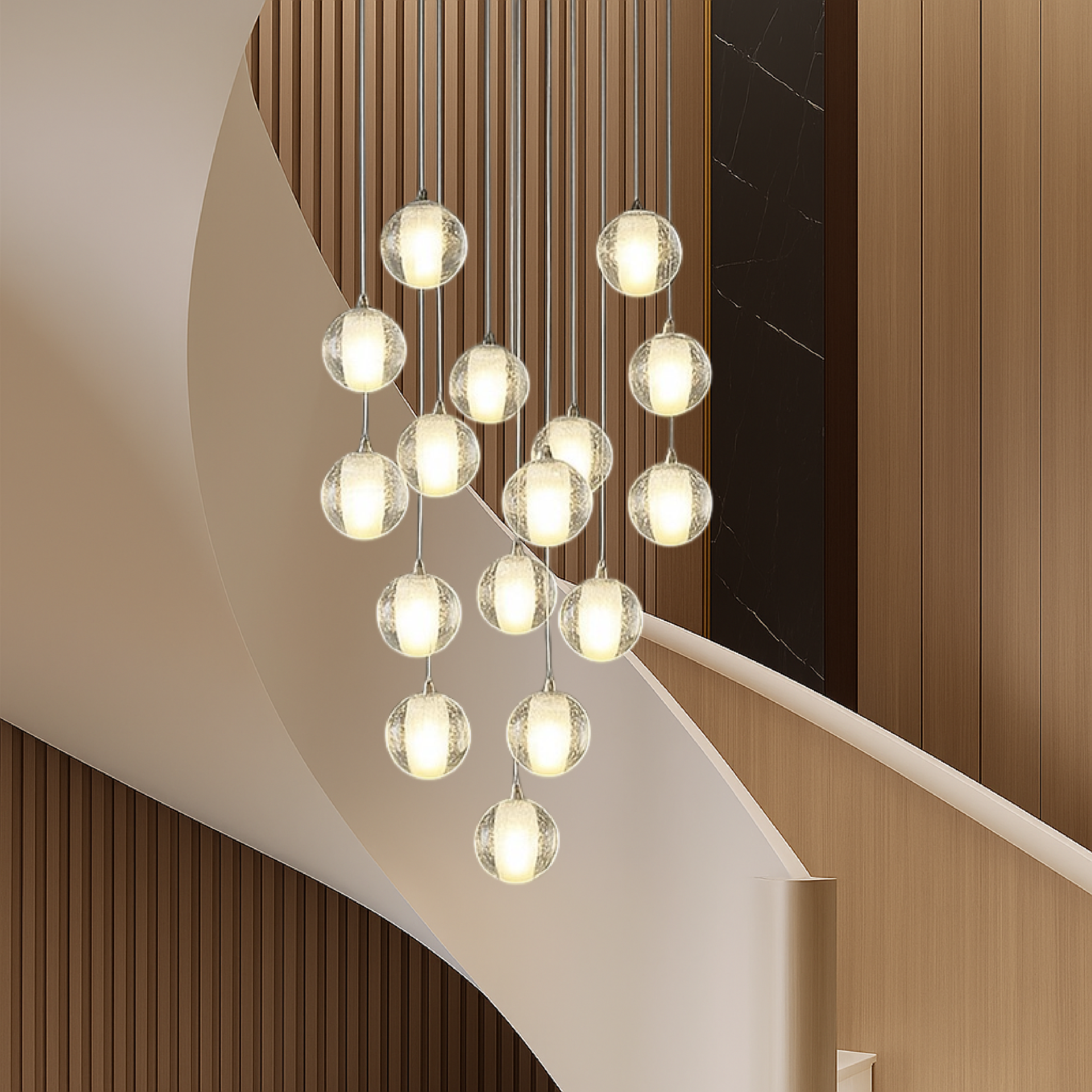 Lampadario a forma di scala con sfere di cristallo