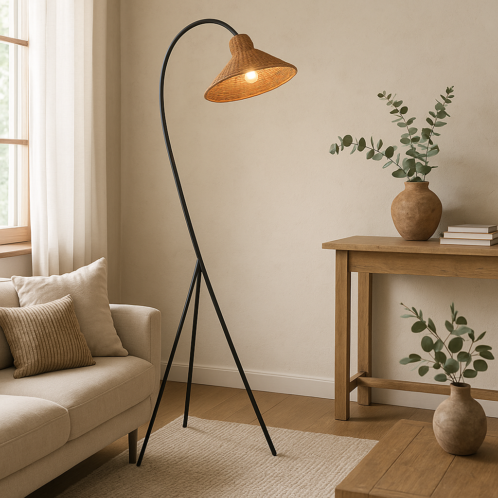 Lampada da terra con cappuccio in bambù