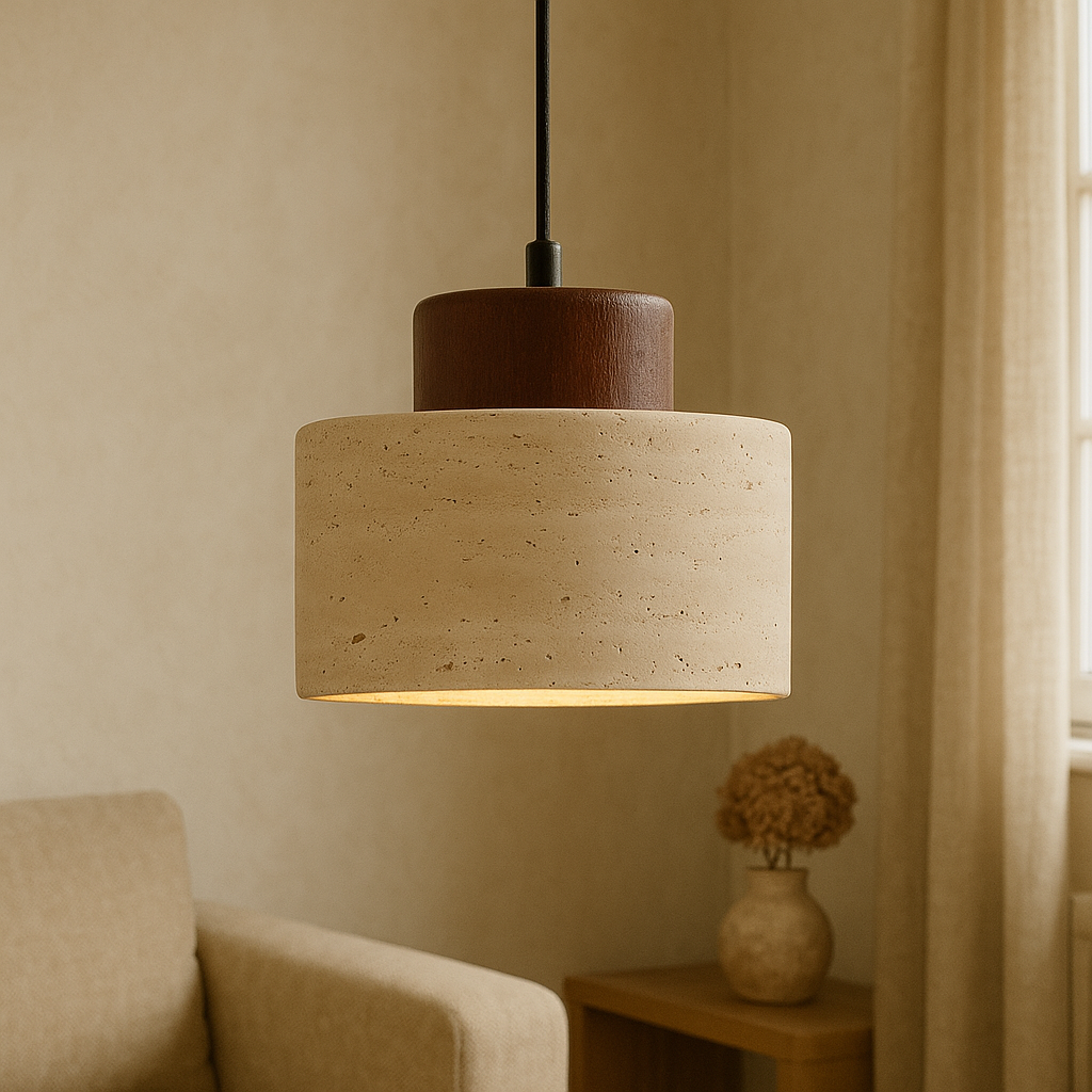 Luce a sospensione in pietra di travertino