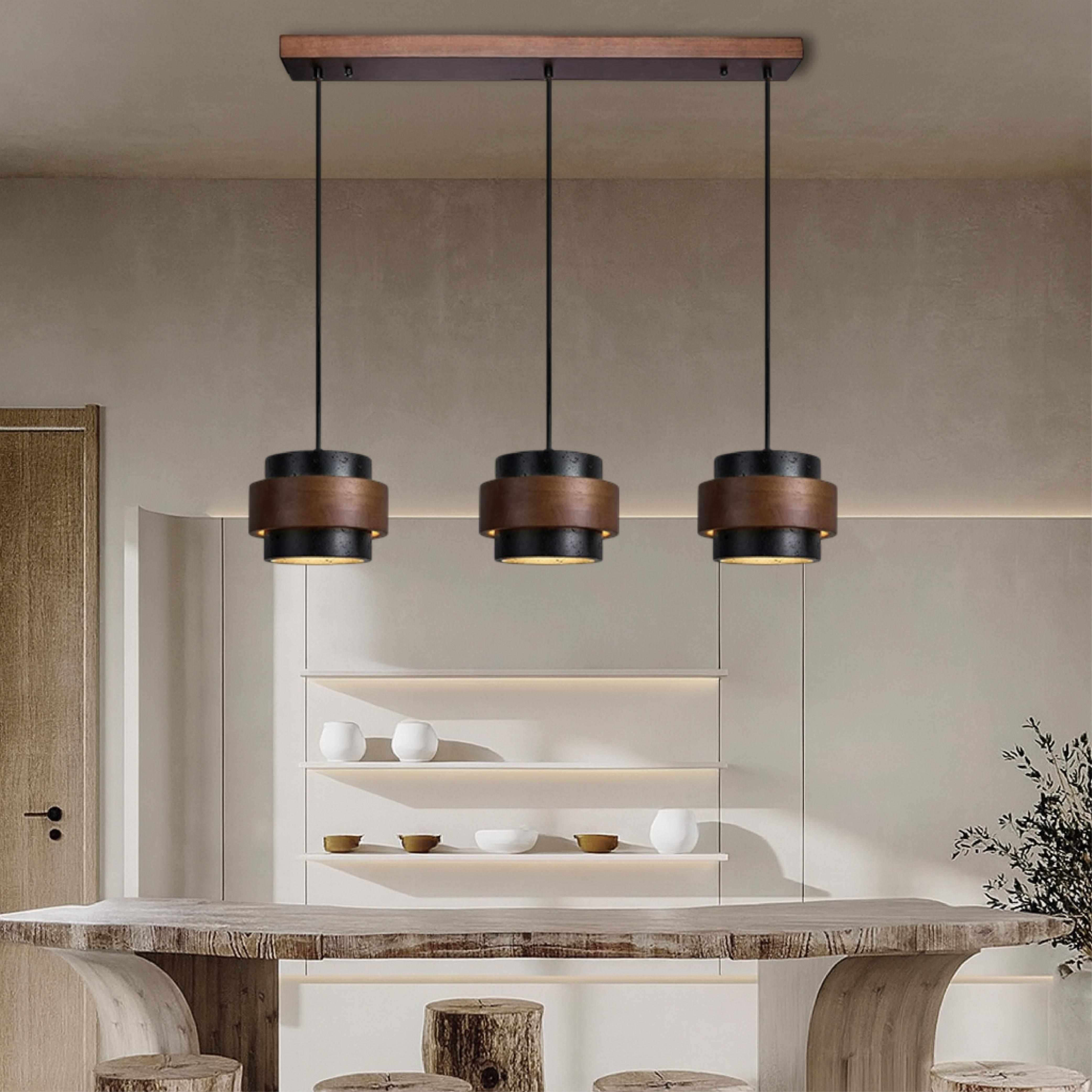 Lampada a sospensione a 3 teste in travertino nero